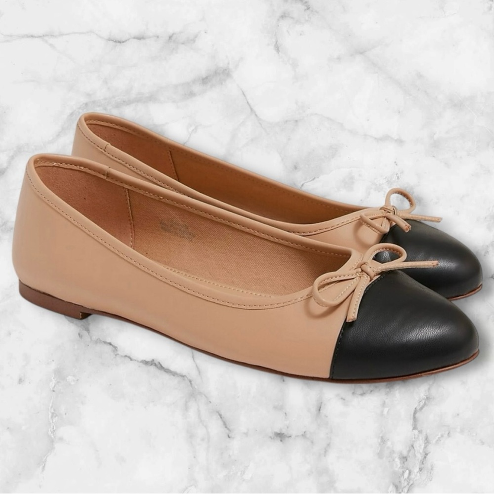 🆕J. Crew Tan and Flats with Black Rounded Toe and Bow Detail - Picture 7 of 16